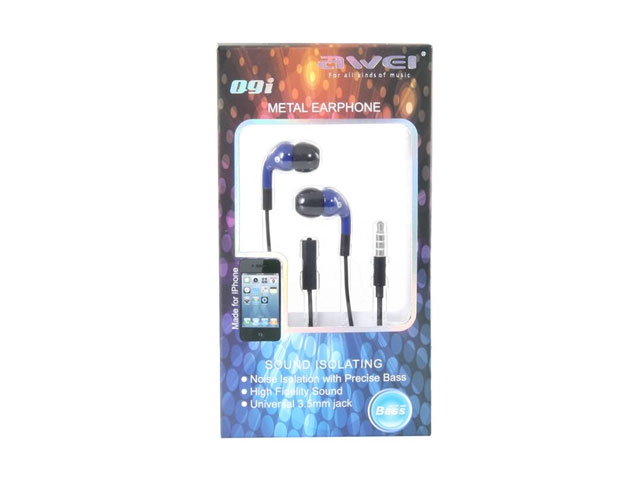 Наушники Awei Metal Earphone Q9i (с микрофоном) (20-20000 Гц, 9 мм) (синие)