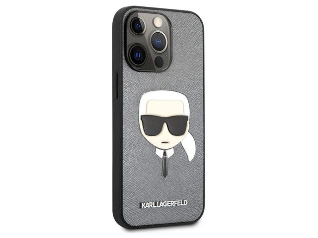 Чехол Karl Lagerfeld Saffiano Karl's Head для Apple iPhone 13 pro max (серебристый, кожаный)