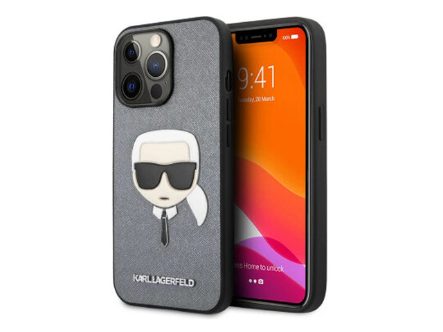 Чехол Karl Lagerfeld Saffiano Karl's Head для Apple iPhone 13 pro (серебристый, кожаный)