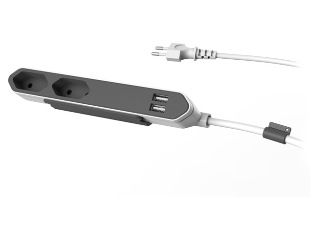 Удлинитель электрический Allocacoc PowerBar USB (220В, 1.5 м, 2 розетки, 2 x USB, 2.1A, белый/серый)