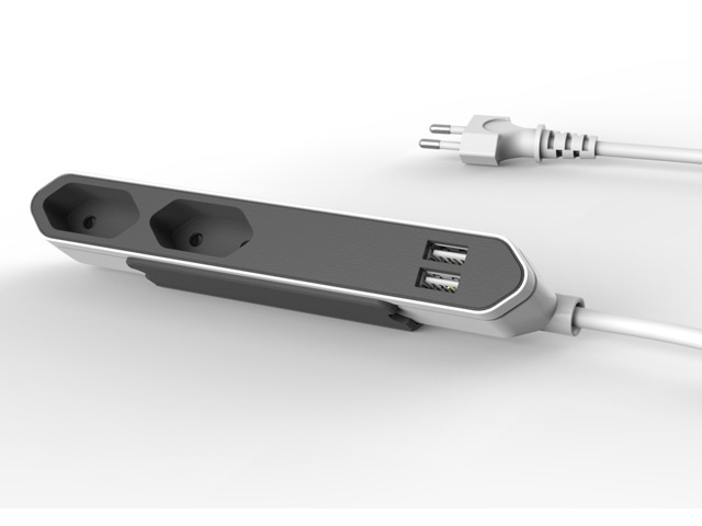 Удлинитель электрический Allocacoc PowerBar USB (220В, 1.5 м, 2 розетки, 2 x USB, 2.1A, белый/серый)