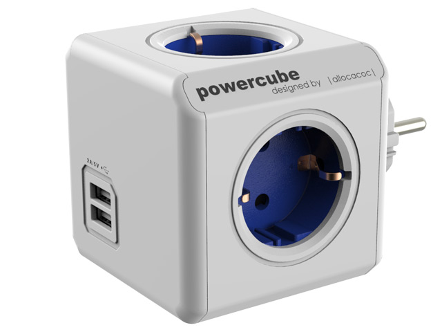 Pазветвитель Allocacoc PowerCube Original USB (220В, 4 розетки, 2 х USB, 2.1A, белый/синий)