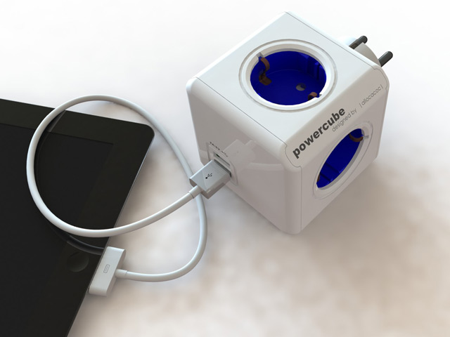 Pазветвитель Allocacoc PowerCube Original USB (220В, 4 розетки, 2 х USB, 2.1A, белый/синий)