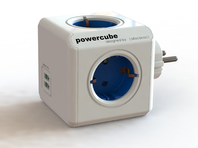 Pазветвитель Allocacoc PowerCube Original USB (220В, 4 розетки, 2 х USB, 2.1A, белый/синий)