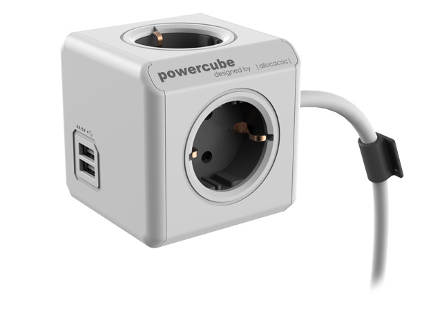 Удлинитель электрический Allocacoc PowerCube Extended USB (220В, 3 м, 4 розетки, 2 x USB, 2.1A, белый/серый)