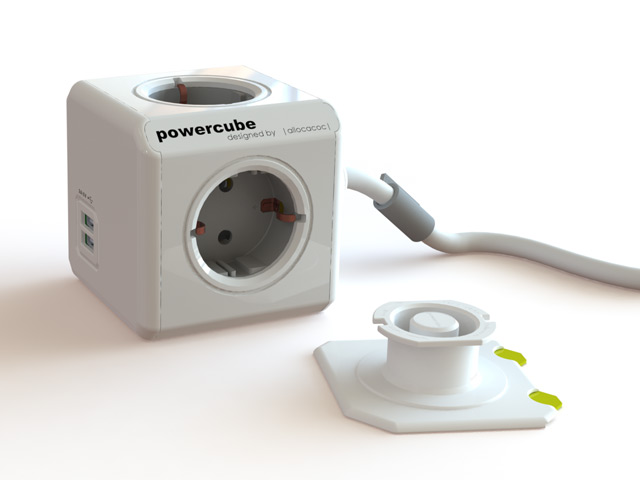 Удлинитель электрический Allocacoc PowerCube Extended USB (220В, 3 м, 4 розетки, 2 x USB, 2.1A, белый/серый)
