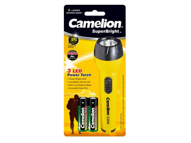 Светодиодный фонарик Camelion SuperBright (3 светодиода, 2 батарейки AA, желтый)