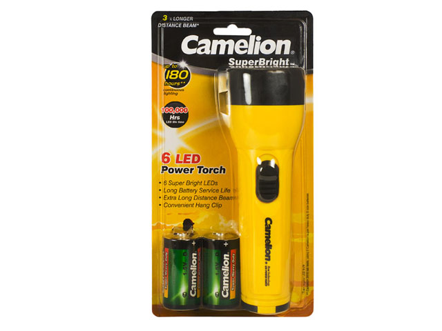 Светодиодный фонарик Camelion SuperBright (6 светодиодов, 2 батарейки D, желтый)